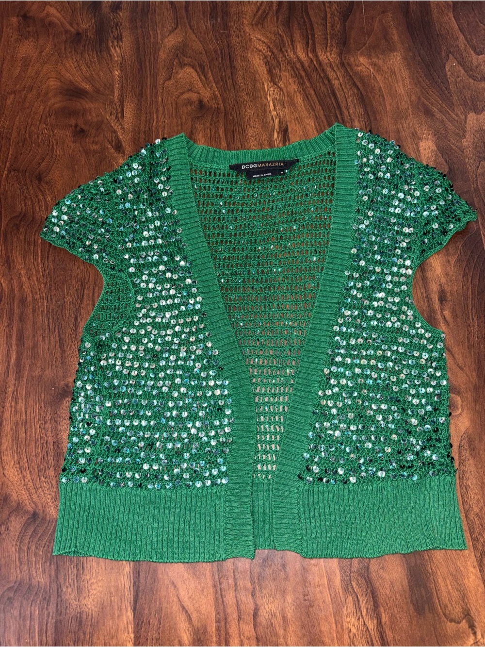 BCBGMaxAzria Green Open-Knit Short Sleeve Sweater - Picture 5 of 6